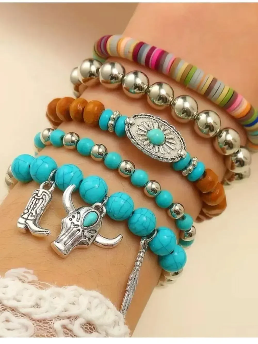 New Western Boho Faux Turquoise Beaded Layered Charm Bracelet Stack Set NWT